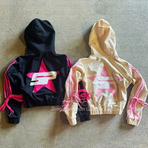 Custom Striped Bowknot Zipper Heavy Cotton Thick French Terry Hoodies Patch Embroidery Top <b>Zip</b> <b>up</b> <b>Crop</b> Hoodies for Women - Product Image 2