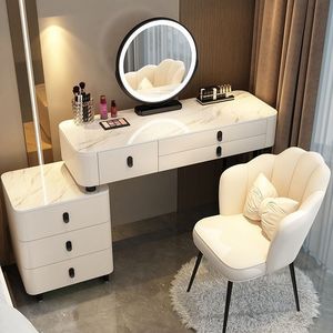 Tocador de maquillaje moderno con espejo iluminado, superficie de mármol blanco, mesa de tocador para dormitorio, uso adulto. - Product Image 2
