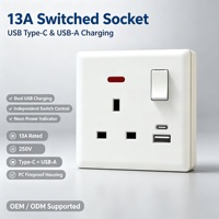 Prise murale OEM en gros avec interrupteur blanc, charge rapide USB Type C, 13A, pour panneau électrique
