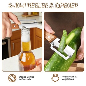 Éplucheur de légumes 3-en-1 en acier inoxydable avec manche en bois, éplucheur de fruits et de pommes de terre avec ouvre-bouteille, outils de cuisine pour éplucher et cuisiner - Product Image 3