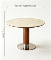 Ensemble de table à manger en pierre frittée avec base en bois et chaises d'appoint rembourrées, mobilier moderne, écologique et durable pour 6 personnes