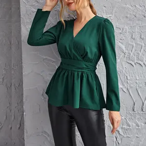 秋季春季褶边上衣女士轻微弹力v领侧拉链褶边绿色女式衬衫