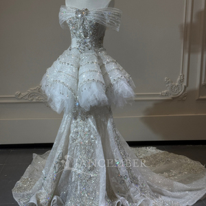 Xs308 Romantic Mermaid <b>Wedding</b> Dress Crystal Beaded Peplum Lace Train Bridal Gown For Beach Ceremony Jancember - Product Image 3