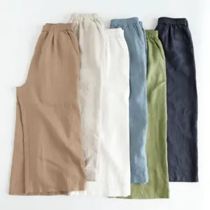 Pantalons pour femmes personnalisés en gros <span class=keywords><strong>Pantalon</strong></span> décontracté en coton chanvre <span class=keywords><strong>noir</strong></span> de petite <span class=keywords><strong>taille</strong></span> haute de <span class=keywords><strong>grande</strong></span> <span class=keywords><strong>taille</strong></span> à jambes larges - Product Image 1