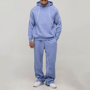 Conjunto Deportivo de Dos Piezas para Hombre, Sudadera con Capucha y Pantalones Deportivos, Estampado Azul Pizarra con Ribete Blanco, 100% Algodón Térmico, 300g, Estilo Urbano, Personalizado - Product Image 4