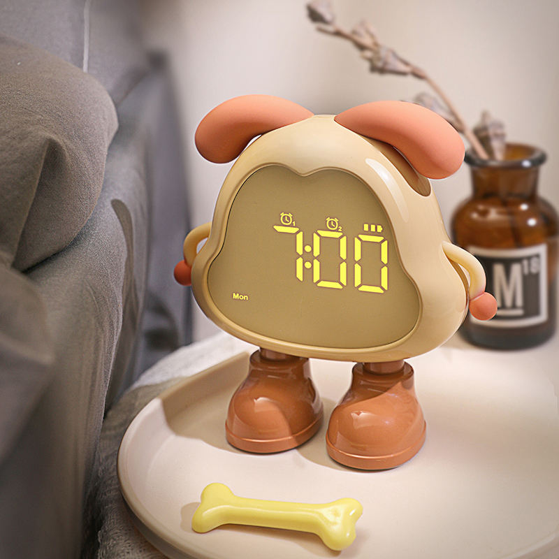 Modern Dog Desk Clock with Warm Night Light Bell Alarm Quartz Movement-for Bedroom Office or Lunch Break Decor