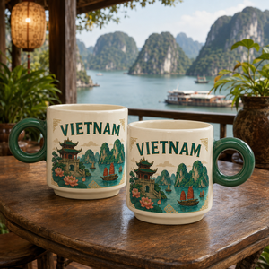 ชุดแก้วกาแฟเซรามิกขนาดเล็กของที่ระลึกจากเวียดนาม พิมพ์ลายดอกบัวสถานที่สำคัญของเอเชีย แก้วพอร์ซเลนมีหูจับ สีสันหลากหลาย ขายส่งจำนวนมาก - Product Image 3