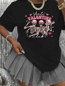 T-shirt da donna con stampa teschio Anti Valentine Club, taglie forti, manica corta, girocollo, vestibilità ampia casual, 100% cotone, primavera estate - Product Image 3