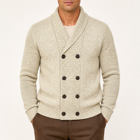 Herren-Strickjacke mit Schalkragen, Doppelreihig, Melierte Haferfarbe, Langarm, Retro-Casual-Stil für Herbst und Winter, mit Gesticktem Logo