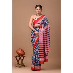 Sari de Algodón Mulmul Estampado con Blusa a Juego, Sari de Algodón Mulmul Ligero y Elegante - Cómodo para Uso Diario - Product Image 3