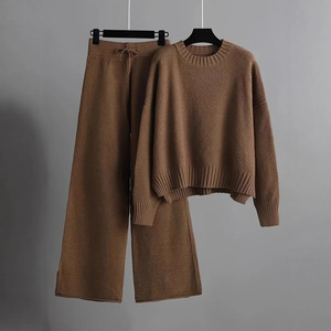 Ensemble de vêtements en tricot pour femmes, col rond, pull ample, pantalon large, couleur unie, coton, deux pièces, automne-hiver, vêtements décontractés - Product Image 1