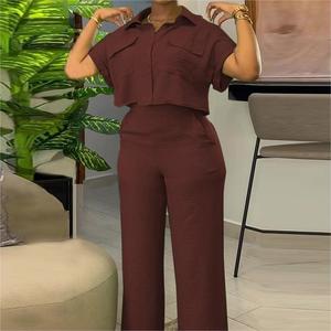 ชุดเซ็ต 2 ชิ้น เสื้อเชิ้ตแขนสั้นปกคอปกติดกระดุมสีพื้นสไตล์ลำลอง กางเกงขายาวทรงกว้าง แฟชั่นสำหรับผู้หญิง ประจำฤดูร้อน - Product Image 5