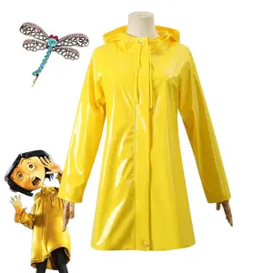 廉价促销Coraline & 万圣节角色扮演的秘密门电影服装卡罗琳黄色雨衣