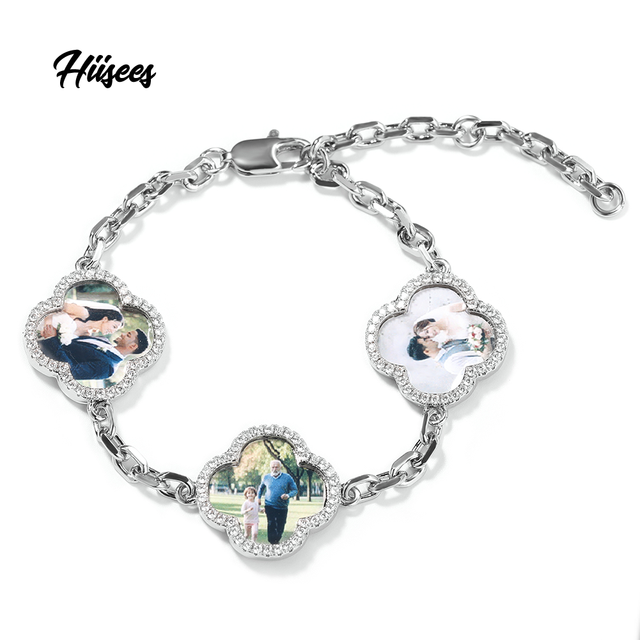Custom Made Cubic Zirconia Sublimations Stainless Steel Bracelet Platinum Plated Family Pendent Picture Photo Charm Bracelet