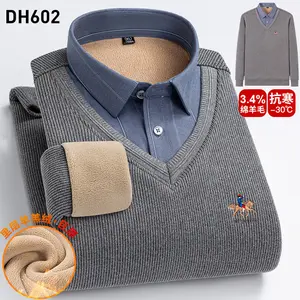 2024 Custom Logo Winter Warm Shirt Casual Nep Tweedelig Heren Fluwelen Gebreide Lange Mouwen