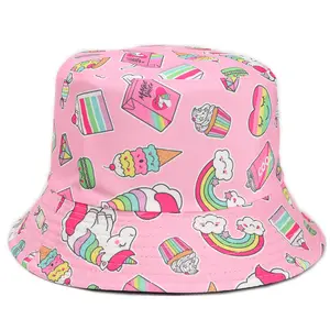 夏季假日太阳帽粉色冰淇淋彩虹独角兽果汁甜甜圈印花双面可逆式水桶女帽
