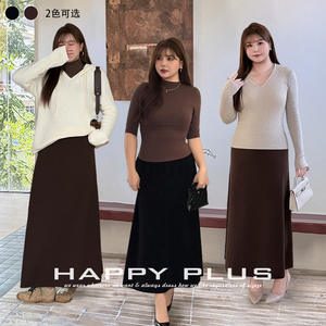 Falda Midi de Punto en Línea A Runqi, Talla Grande, Cintura Alta, Color Sólido Marrón Negro, Poliéster, Falda de Otoño Invierno para Mujer - Product Image 3