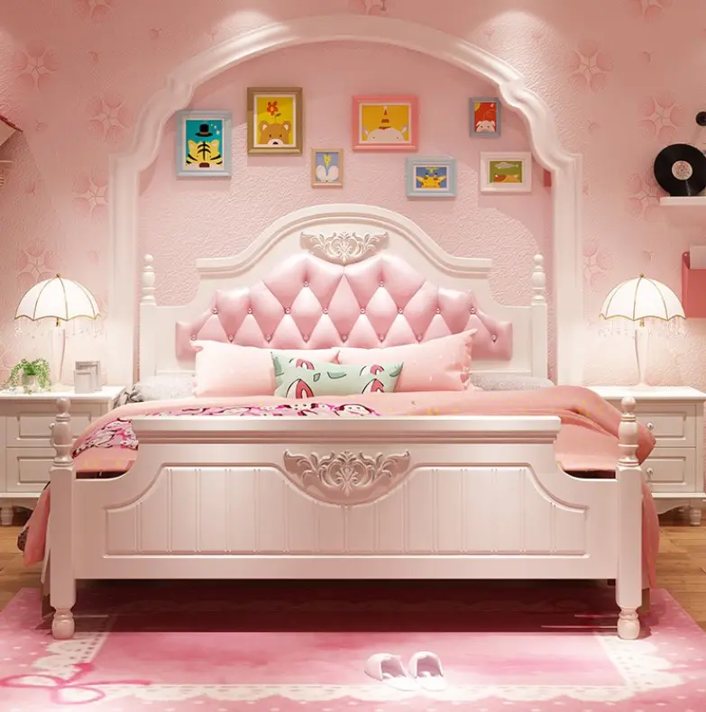 1.2M Tempat Tidur Tunggal Sederhana Korea Mewah Kamar Tidur Anak Set Royal Princess Pink Girl Bed