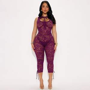 VOIKERDR Combinaison en dentelle pour femme, sans manches, transparente, moulante, tenue de soirée avec détails à lacets - Product Image 2