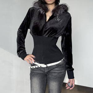 <b>Women</b> <b>Velvet</b> Hooded Zip Up Hoodie Faux Fur Trim Embroidered Slim Fit Casual Streetwear <b>Jacket</b> - Product Image 6