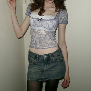 Sheer Mesh Floral <b>Patchwork</b> Ruffle Double-Layer Collar Slim Fit Short Sleeve T-Shirt Pure Desire Girly Summer Crop <b>Top</b> - Product Image 3