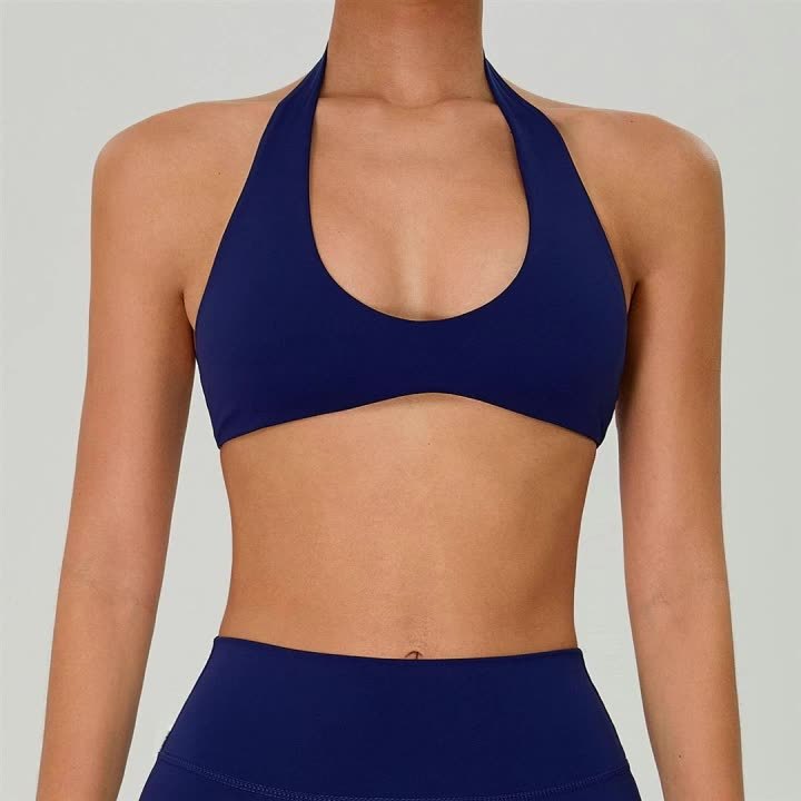 Women's Lightweight Breathable Four-Way Stretch Deep V Neck Halter Strap Yoga Fitness Workout Crop Top Sports Bra Custom Logo