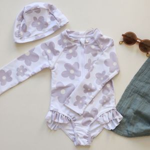 Traje de baño infantil de verano para bebé, conjunto de gorro de natación, <span class=keywords><strong>disfraz</strong></span> de manga larga para niñas, mameluco con estampado de flores, ropa de bebé - Product Image 4