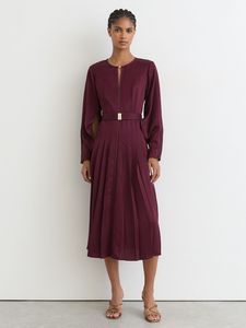 Elegante Vestido Midi a Cuadros con Cinturón y Cuello con Abertura, Manga Larga, Corte en A, para Oficina, Tejido de Viscosa y Poliéster, Estilo Otoñal - Product Image 1