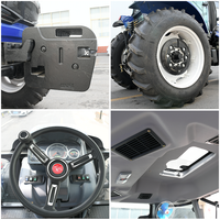 Tracteur agricole multifonctionnel à quatre roues motrices, équipé d'un chargeur, d'une pelle et d'une remorque agricole.