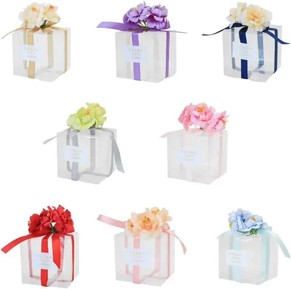 Transparente PET Gift Box Transparente Cake Box Clear Plastic Cube Cake Box com tampas e laços para exibição de aniversário Bakery Pack
