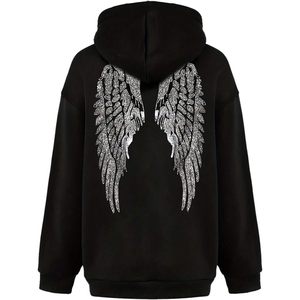 Sweat-shirt à capuche pour femme avec ailes en strass scintillants, manches longues, streetwear, avec poche, tissu tricoté respirant - Product Image 1