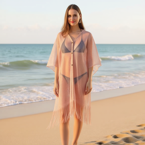 Angelina - Pareo tipo chal con botones, 92x165cm, con flecos, para playa, maxi, holgado, cuello en V, manga murciélago, transpirable, tejido liso - Product Image 4