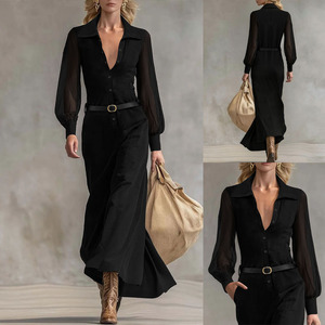 Abito chemisier nero da donna a maniche lunghe in rete, con cintura in vita, elegante e snellente, lunghezza midi, <span class=keywords><strong>per</strong></span> ufficio e casual - Product Image 2