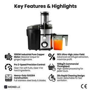 Extractor de Jugos Centrífugo Comercial JE888 de 1000W con Boca de Alimentación de 85mm para Naranjas, Jengibre y Frutas, Ideal para Bares y Restaurantes - Product Image 2