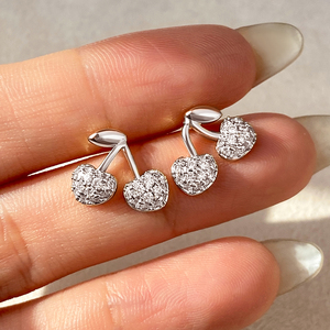 Wholesale S925 Sterling Silver Cherry <strong>Earrings</strong> Full Pave CZ Studs Leaf <strong>Stem</strong> Cute Fruit Fashion Jewelry Featuring Zircon Bulk - Product Image 1