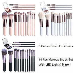 Nouvel arrivage : Ensemble de 14 pinceaux de maquillage avec miroir LED, étui personnalisable, poils synthétiques, manche en bois, respectueux de la peau, portable pour le voyage - Product Image 4