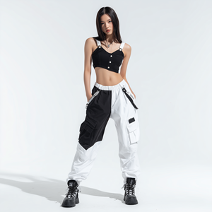 Ensemble haut court et pantalon cargo bicolore noir et blanc pour femme, <span class=keywords><strong>tenue</strong></span> de danse K-Pop pour spectacle sur scène, ensemble 2 pièces - Product Image 1
