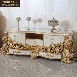 Meuble TV et <span class=keywords><strong>table</strong></span> basse combinés en bois massif doré de style européen, sculptés et <span class=keywords><strong>d</strong></span>écoratifs, pour le salon - Product Image 1