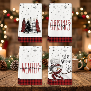 Lot de torchons de cuisine écologiques de Noël en coton imprimé à carreaux, motif bonhomme de neige et arbres de Noël, séchage rapide, lavables en machine - Product Image 1