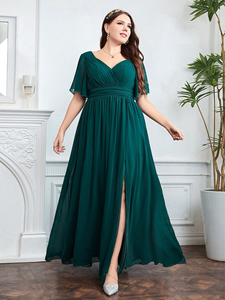 Robe de soirée formelle en mousseline plissée à col en V et manches courtes, dos nu, avec fente latérale, pour cocktail, fête ou mariage, pour femmes grandes tailles - Product Image 5