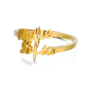 Groothandel Rvs Sieraden Diy 2 Eigen Beginletter Vinger Ontwerp Custom Plated Goud Gepersonaliseerde Mode Naam Ring