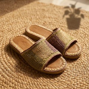Sandales artisanales à rayures en raphia, couleurs mélangées, bout ouvert, semelle en cuir véritable, respirantes, pour intérieur, toutes saisons - Product Image 1