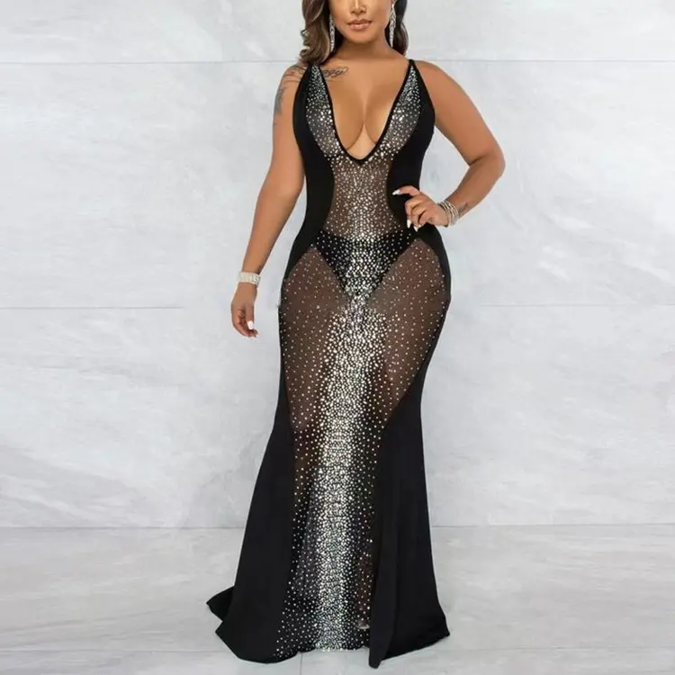 Sexy perspective fishtail evening dress plump women's deep V open chest rhinestone sequin dress floor length dance club dress