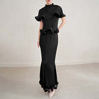 Conjunto de Dos Piezas de Verano para Mujer, Estilo Miyake Plisado, Top Informal Elegante y Falda Larga hasta el Tobillo, 100% Poliéster