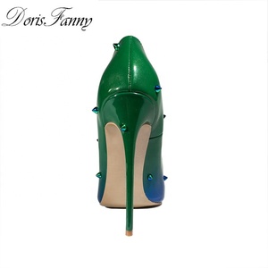 Blue and Green Rivets Pointy <b>Toe</b> Thin <b>Heels</b> Summer Women's Slip on Pumps Sexy Party Fancy Shoes - Product Image 4