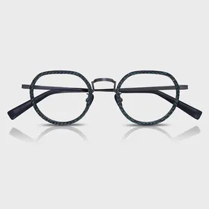 Lunettes Yeetian High Premium Circulaire Titane Temple Plain Black Green Line Monture en fibre de carbone pour hommes