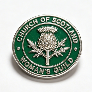Pin Metálico de la Hermandad Femenina de la Iglesia de Escocia, Esmalte Verde, Plateado, Circular, Tema Religioso - Product Image 1