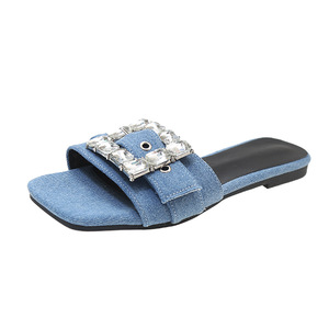 Sandales plates en jean pour femmes, style fée française, avec boucle carrée en strass, printemps-été, vente en gros, mules à enfiler - Product Image 5