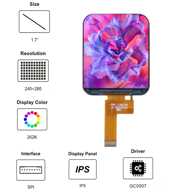 Lianxun 1.7 Inch 240x280 Resolution Lcd Display 450 Nit SPI Interface IPS Tft Lcd Module