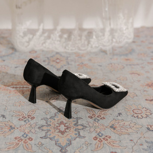 Zapatos de Tacón Alto con Punta Cuadrada de Gamuza Negra, Decoración de Hebilla con Pedrería, Estilo Slip-On - Product Image 3